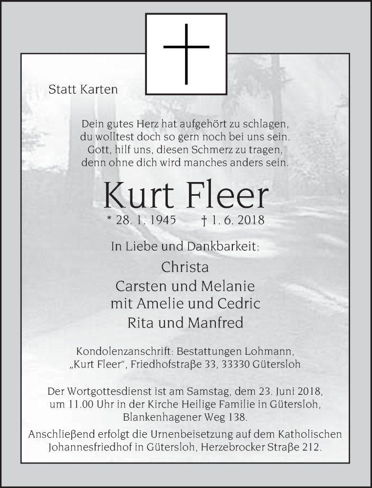  Traueranzeige für Kurt Fleer vom 16.06.2018 aus Neue Westfälische