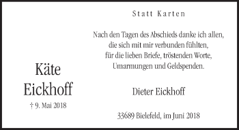Traueranzeige von Käte Eickhoff von Neue Westfälische
