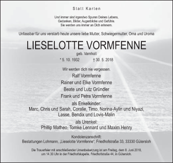 Traueranzeige von Lieselotte Vormfenne von Neue Westfälische