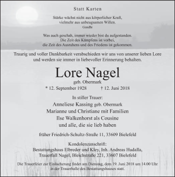 Traueranzeige von Lore Nagel von Neue Westfälische