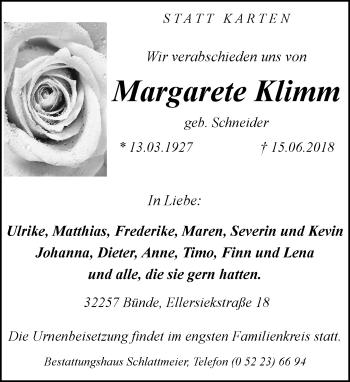 Traueranzeige von Margarete Klimm von Neue Westfälische
