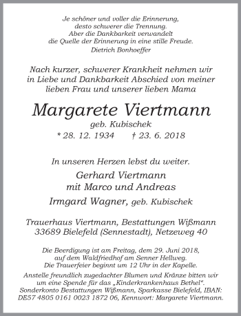 Traueranzeige von Margarete Viertmann von Neue Westfälische