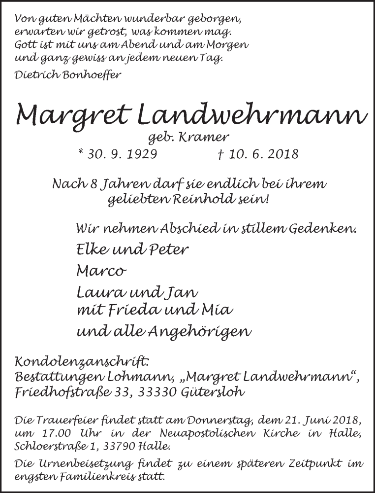 Traueranzeige für Margret Landwehrmann vom 14.06.2018 aus Neue Westfälische