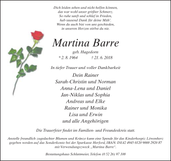 Traueranzeige von Martina Barre von Neue Westfälische