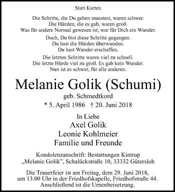 Traueranzeige von Melanie Golik von Neue Westfälische