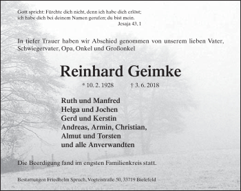 Traueranzeige von Reinhard Geimke von Neue Westfälische
