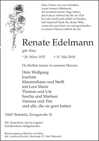 Traueranzeige von Renate Edelmann von Neue Westfälische