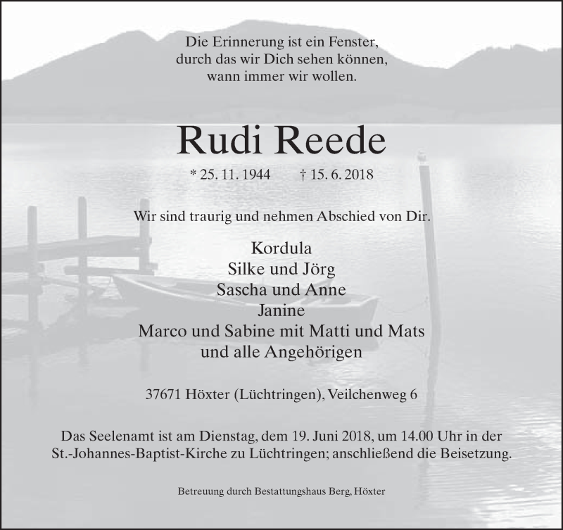  Traueranzeige für Rudi Reede vom 16.06.2018 aus Neue Westfälische