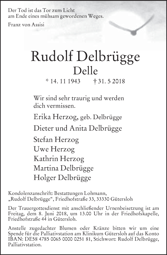  Traueranzeige für Rudolf Delbrügge vom 04.06.2018 aus Neue Westfälische