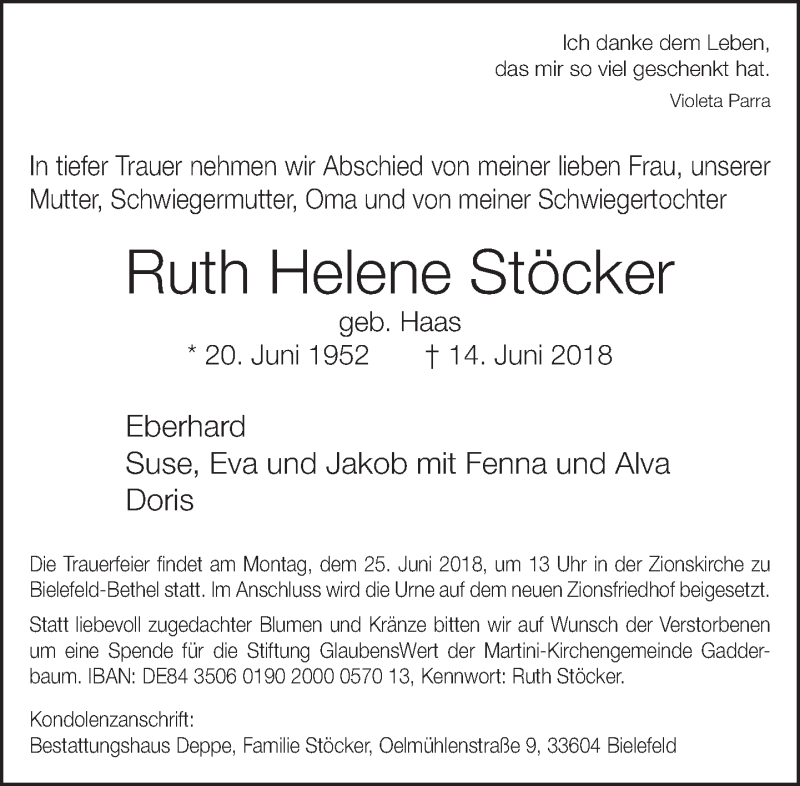  Traueranzeige für Ruth Helene Stöcker vom 20.06.2018 aus Neue Westfälische