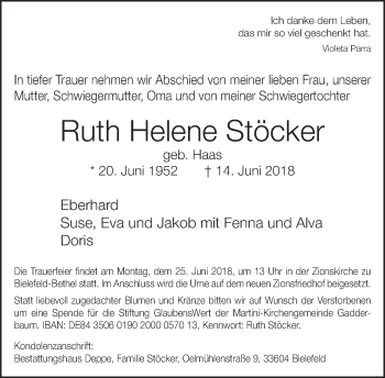 Traueranzeige von Ruth Helene Stöcker von Neue Westfälische
