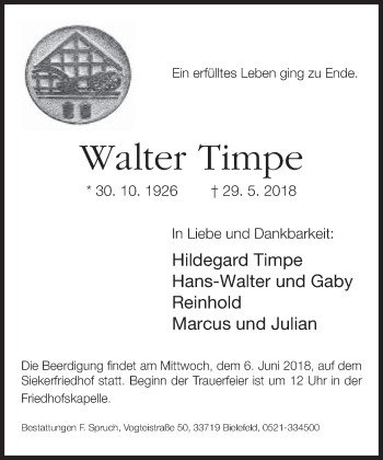 Traueranzeige von Walter Timpe von Neue Westfälische