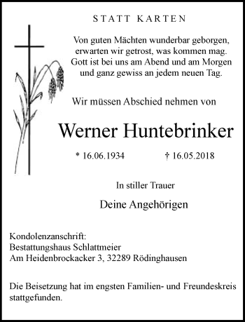 Traueranzeige von Werner Huntebrinker von Neue Westfälische