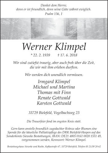 Traueranzeige von Werner Klimpel von Neue Westfälische