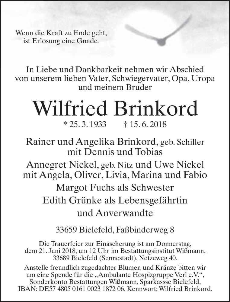  Traueranzeige für Wilfried Brinkord vom 18.06.2018 aus Neue Westfälische