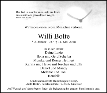 Traueranzeige von Willi Bolte von Neue Westfälische