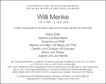 Traueranzeige von Willi Menke von Neue Westfälische