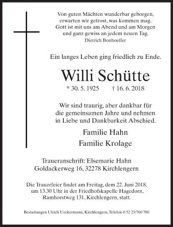 Traueranzeige von Willi Schütte von Neue Westfälische