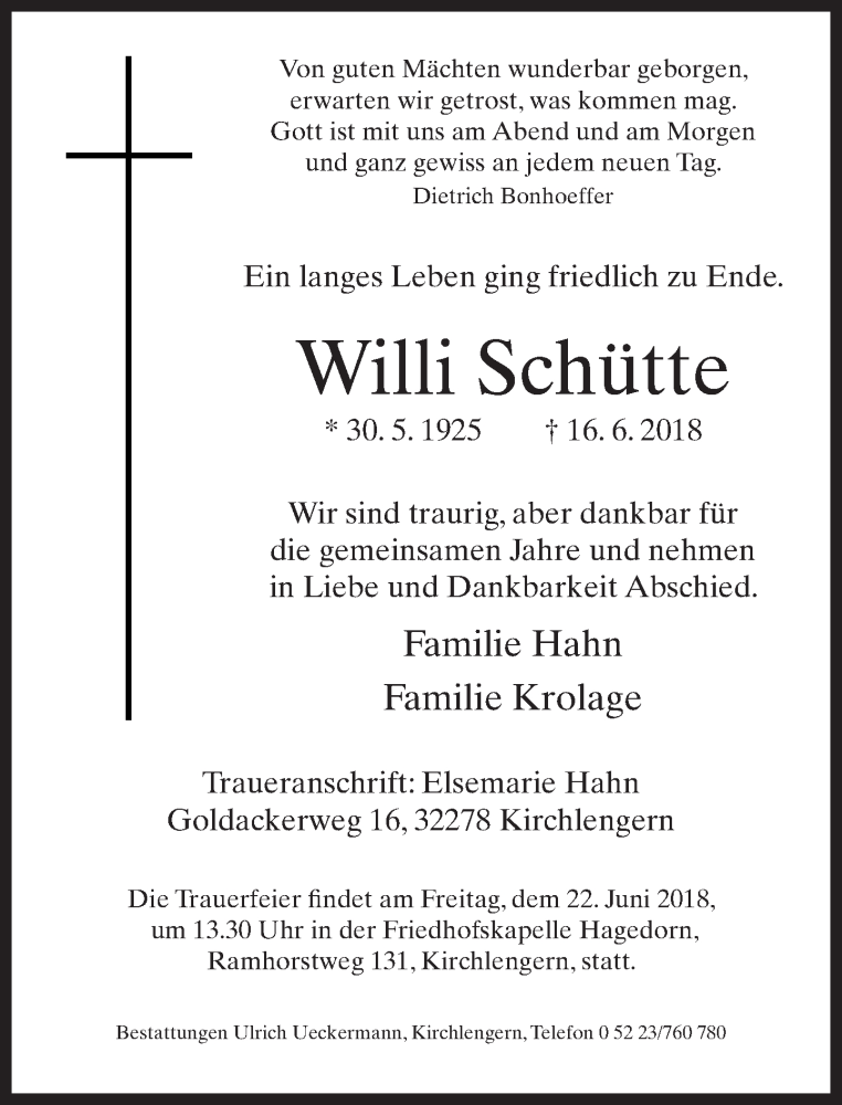  Traueranzeige für Willi Schütte vom 20.06.2018 aus Neue Westfälische