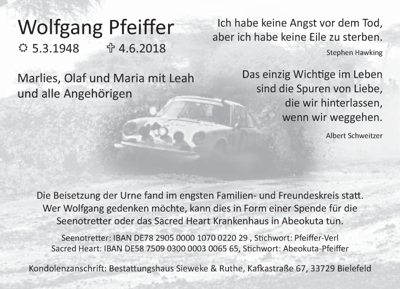  Traueranzeige für Wolfgang Pfeiffer vom 23.06.2018 aus Neue Westfälische