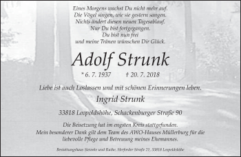 Traueranzeige von Adolf Strunk von Neue Westfälische