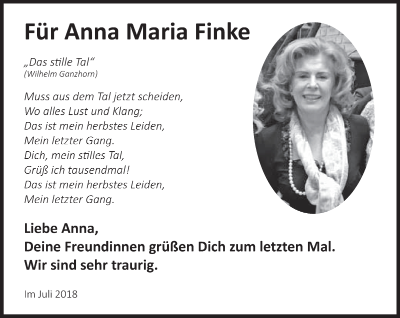  Traueranzeige für Anna Maria Finke vom 14.07.2018 aus Neue Westfälische