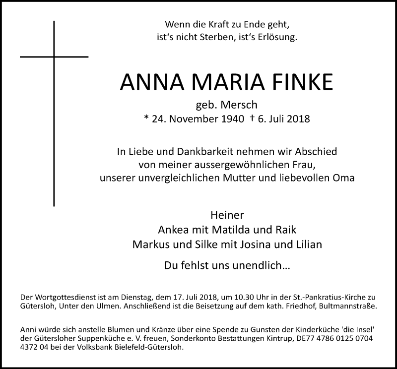  Traueranzeige für Anna Maria Finke vom 12.07.2018 aus Neue Westfälische