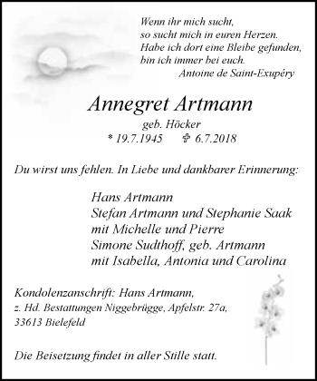 Traueranzeige von Annegret Artmann von Neue Westfälische