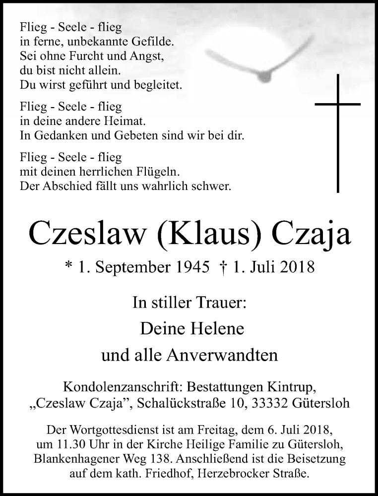  Traueranzeige für Czeslaw Klaus Czaja vom 04.07.2018 aus Neue Westfälische