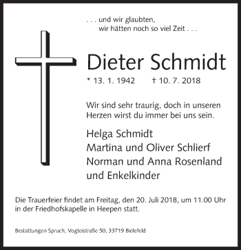 Traueranzeige von Dieter Schmidt von Neue Westfälische