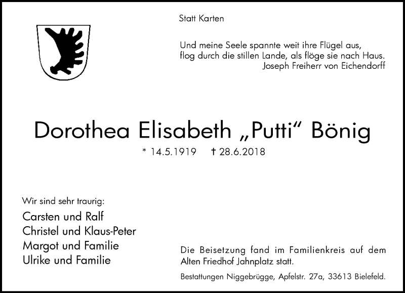  Traueranzeige für Dorothea Elisabeth Bönig vom 21.07.2018 aus Neue Westfälische