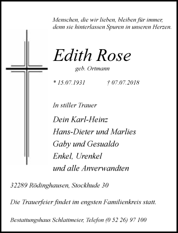 Traueranzeige von Edith Rose von Neue Westfälische