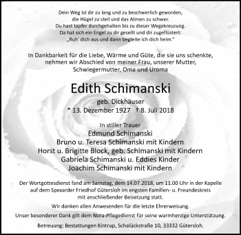 Traueranzeige von Edith Schimanski von Neue Westfälische