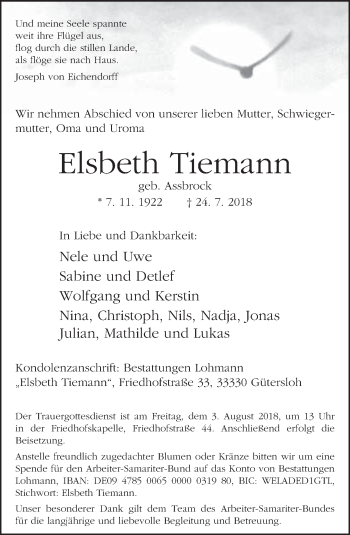 Traueranzeige von Elsbeth Tiemann von Neue Westfälische