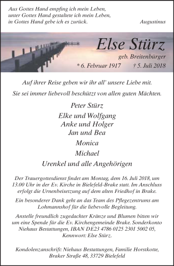 Traueranzeige von Else Stürz von Neue Westfälische