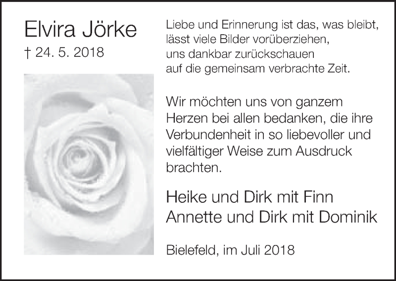  Traueranzeige für Elvira Jörke vom 21.07.2018 aus Neue Westfälische