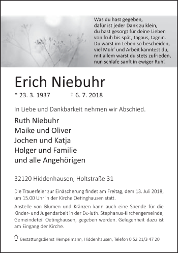 Traueranzeige von Erich Niebuhr von Neue Westfälische