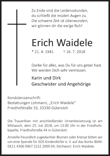 Traueranzeige von Erich Waidele von Neue Westfälische