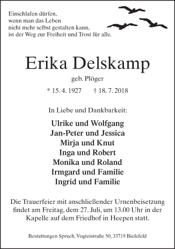 Traueranzeige von Erika Delskamp von Neue Westfälische
