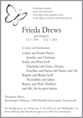 Traueranzeige von Frieda Drews von Neue Westfälische