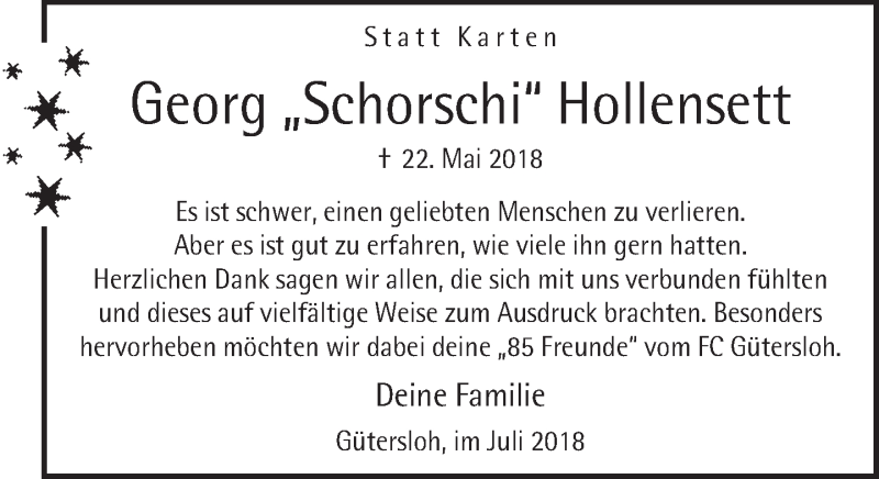  Traueranzeige für Georg Hollensett vom 14.07.2018 aus Neue Westfälische