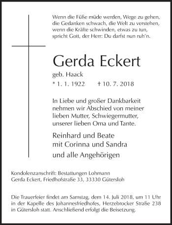 Traueranzeige von Gerda Eckert von Neue Westfälische