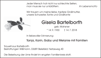 Traueranzeige von Gisela Bartelborth von Neue Westfälische