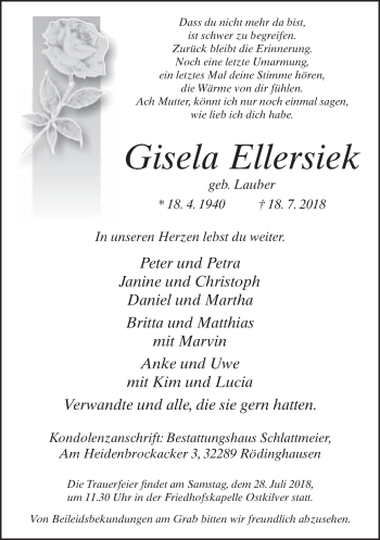 Traueranzeige von Gisela Ellersiek von Neue Westfälische