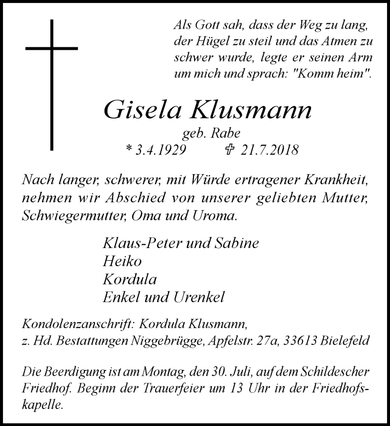 Traueranzeige für Gisela Klusmann vom 25.07.2018 aus Neue Westfälische
