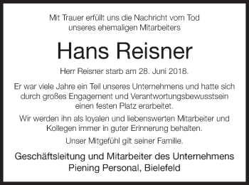 Traueranzeige von Hans Reisner von Neue Westfälische