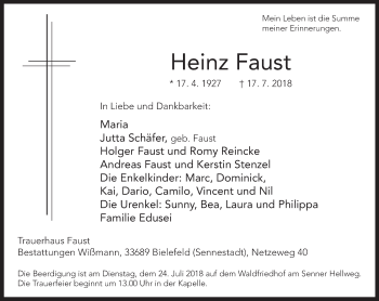 Traueranzeige von Heinz Faust von Neue Westfälische
