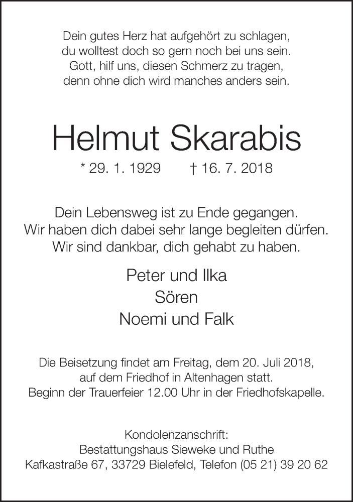  Traueranzeige für Helmut Skarabis vom 18.07.2018 aus Neue Westfälische