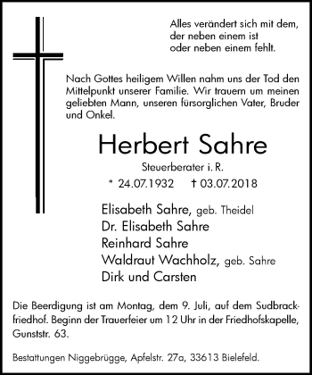 Traueranzeige von Herbert Sahre von Neue Westfälische