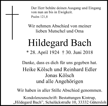 Traueranzeige von Hildegard Bach von Neue Westfälische